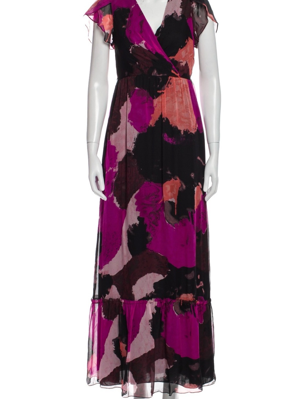 Diane von Furstenberg Silk Wrap Maxi Dress Purple Floral VNeck Flutter Sleeve XS - Picture 2 of 4